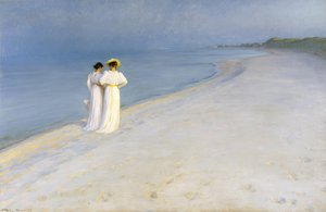 Nyári este a Skagens strandon. Anna Ancher és Marie Krøyer együtt sétálnak.